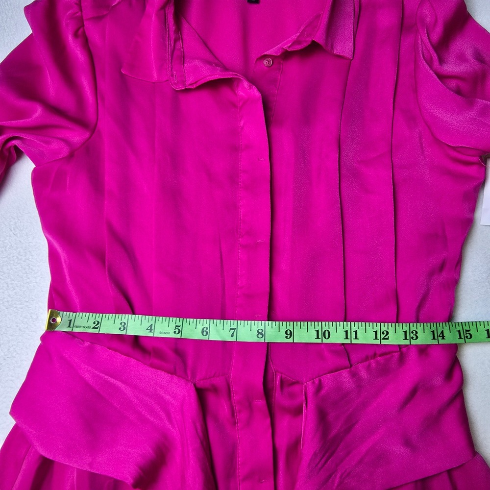 GUESS NWT Hope Dress Shocking Pink Satin Logo Print Belted Ruffle Shirt Dress M - Picture 12 of 14